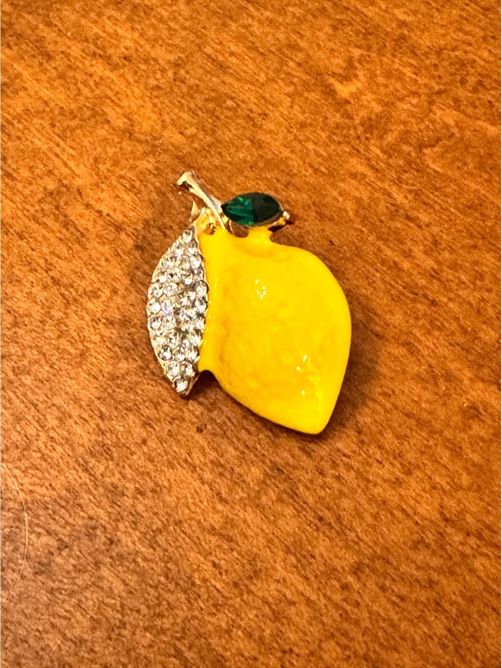 Vintage Lemon Fruit Brooch with Rhinestone Leaf and Green Accent 604